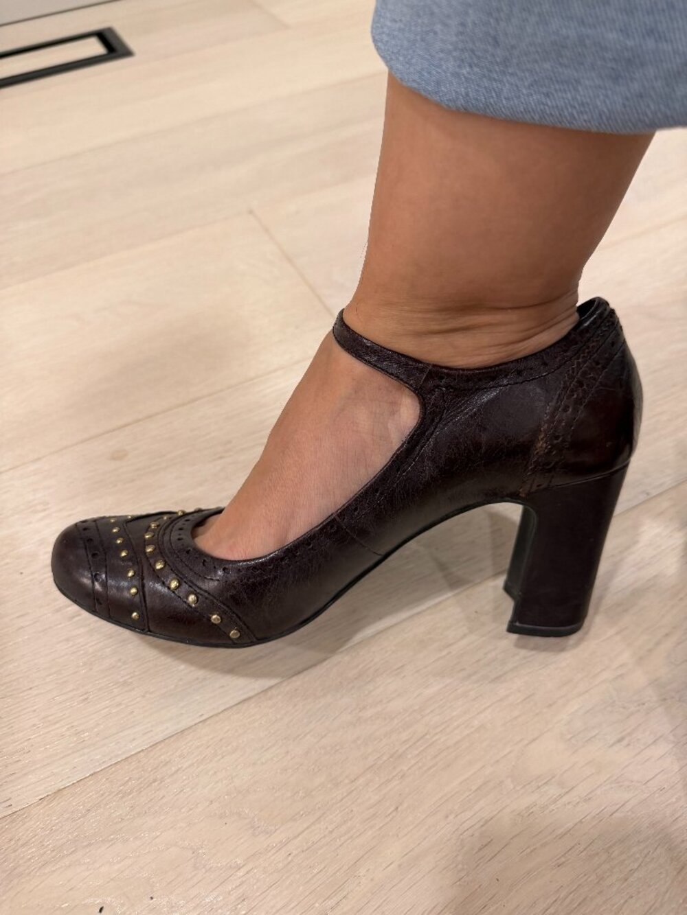 Franco Sarto - Brown Leather Studded Mary Jane Block Heel Pumps Vintage Style